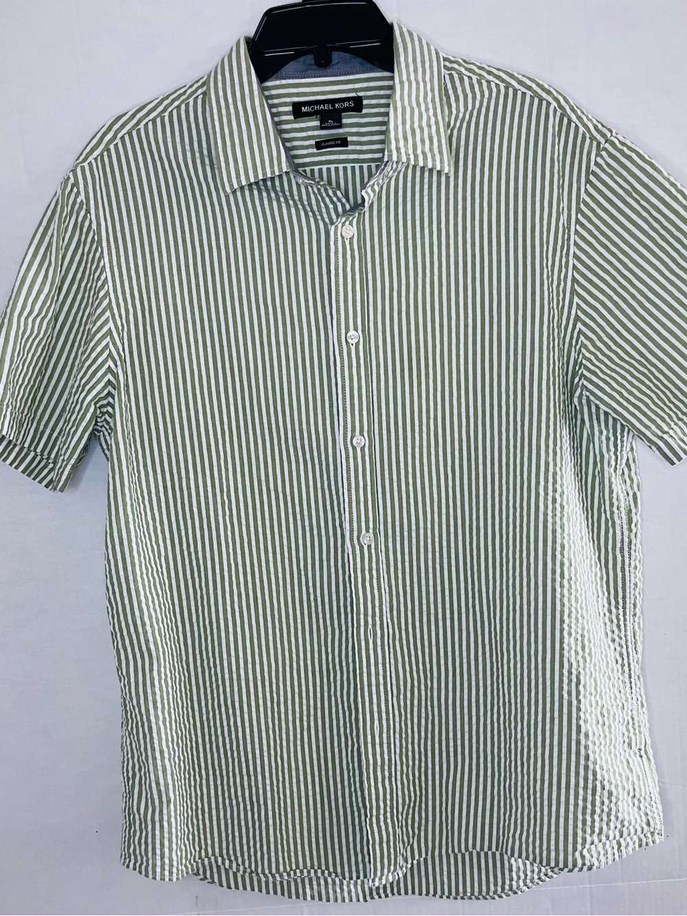 Michael Kors Green & White Vertical Stripe Short Sleeve Button-Down Shirt